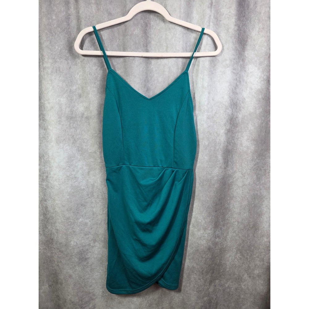 Teal Green V-Neck Bodycon Mini Dress with Tulip Wrap Skirt and Adjustable Straps